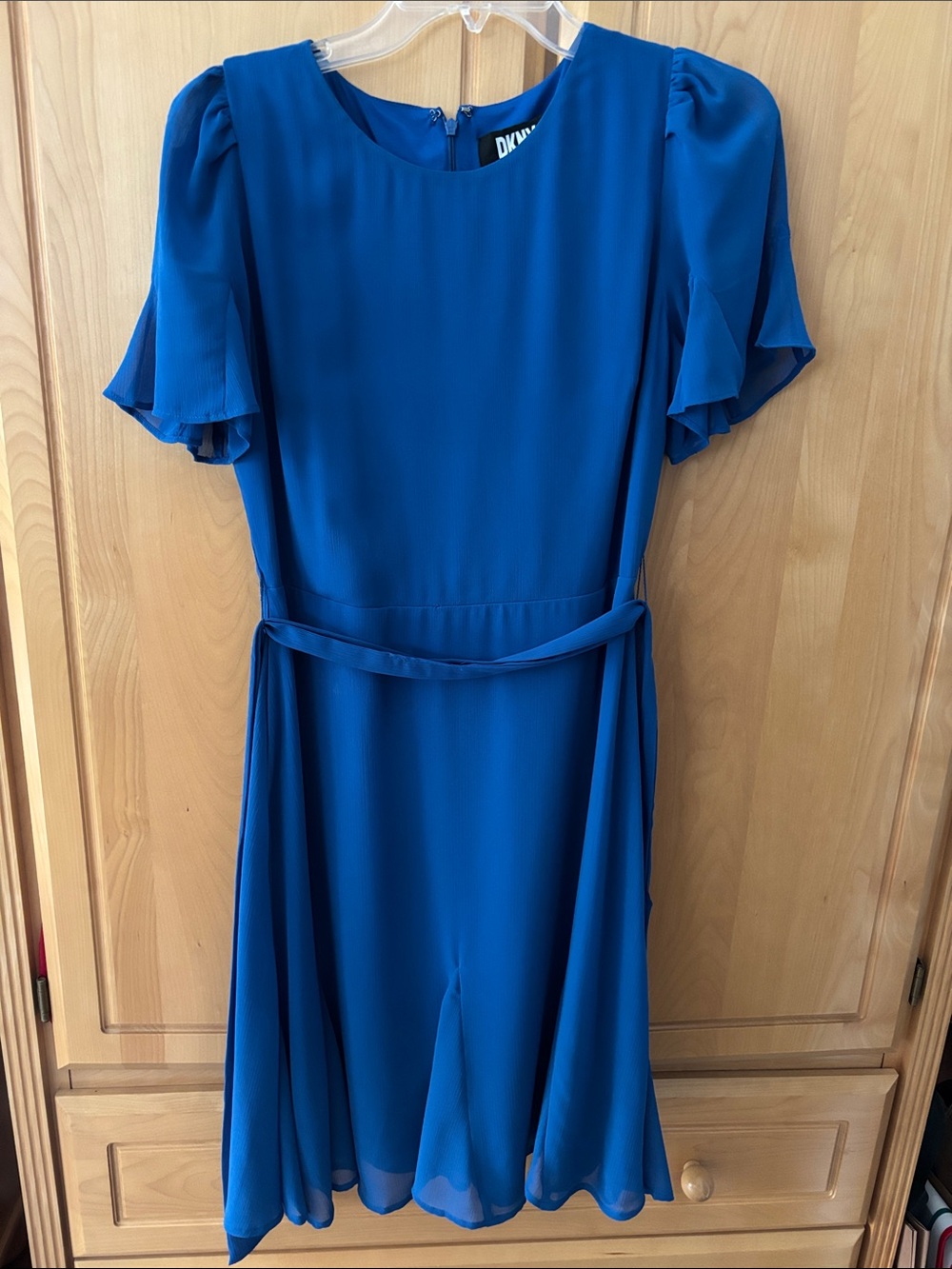DKNY Cobalt Blue Flutter-Sleeve Belted Mini Dress